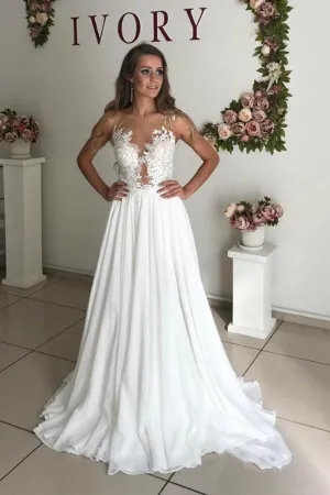 A-Line White Chiffon Appliques See Through Boho Wedding Dress WD344