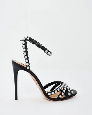 Aquazzura Black Leather Pearl Embellished Stiletto Heel Sandals - 39.5