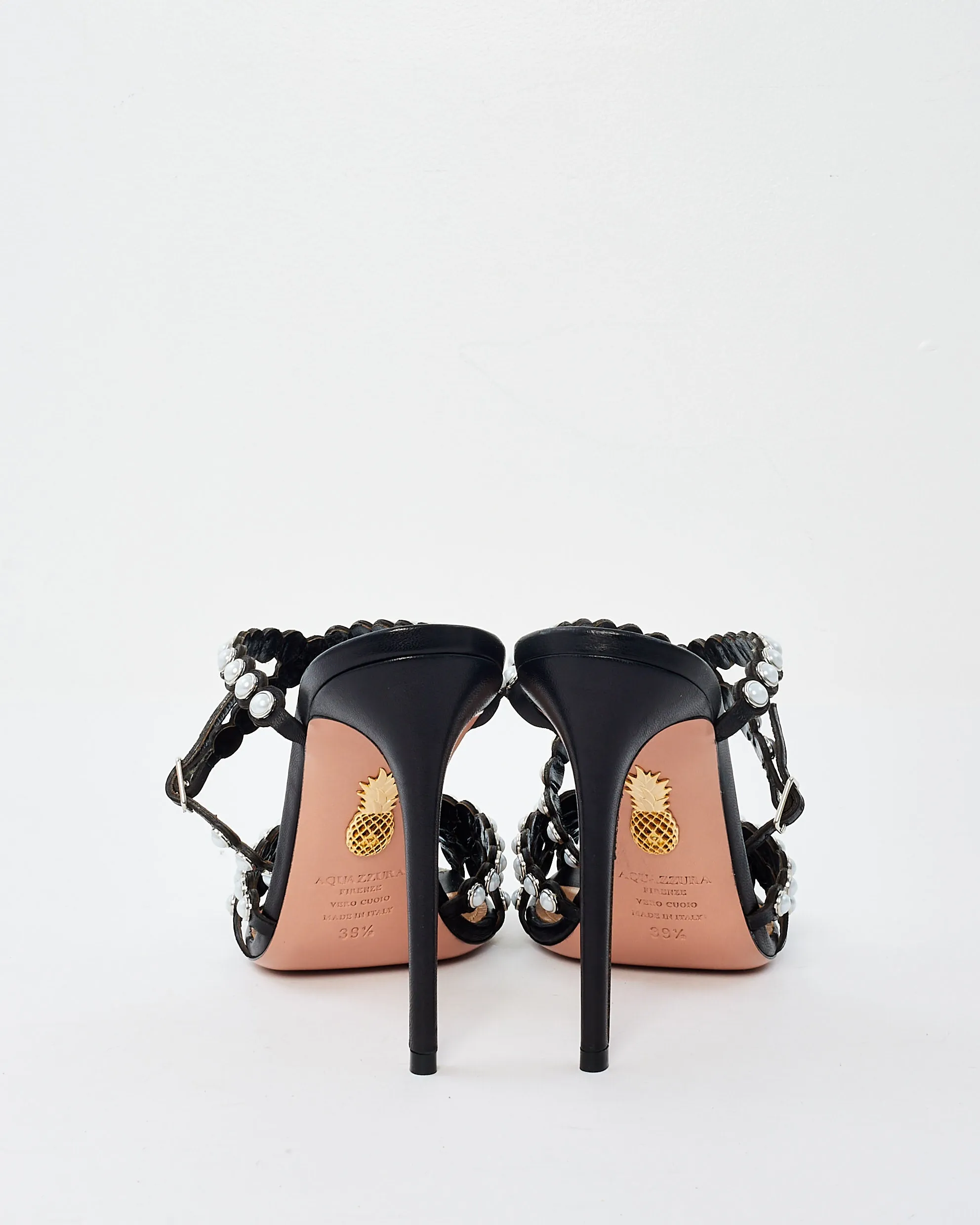 Aquazzura Black Leather Pearl Embellished Stiletto Heel Sandals - 39.5