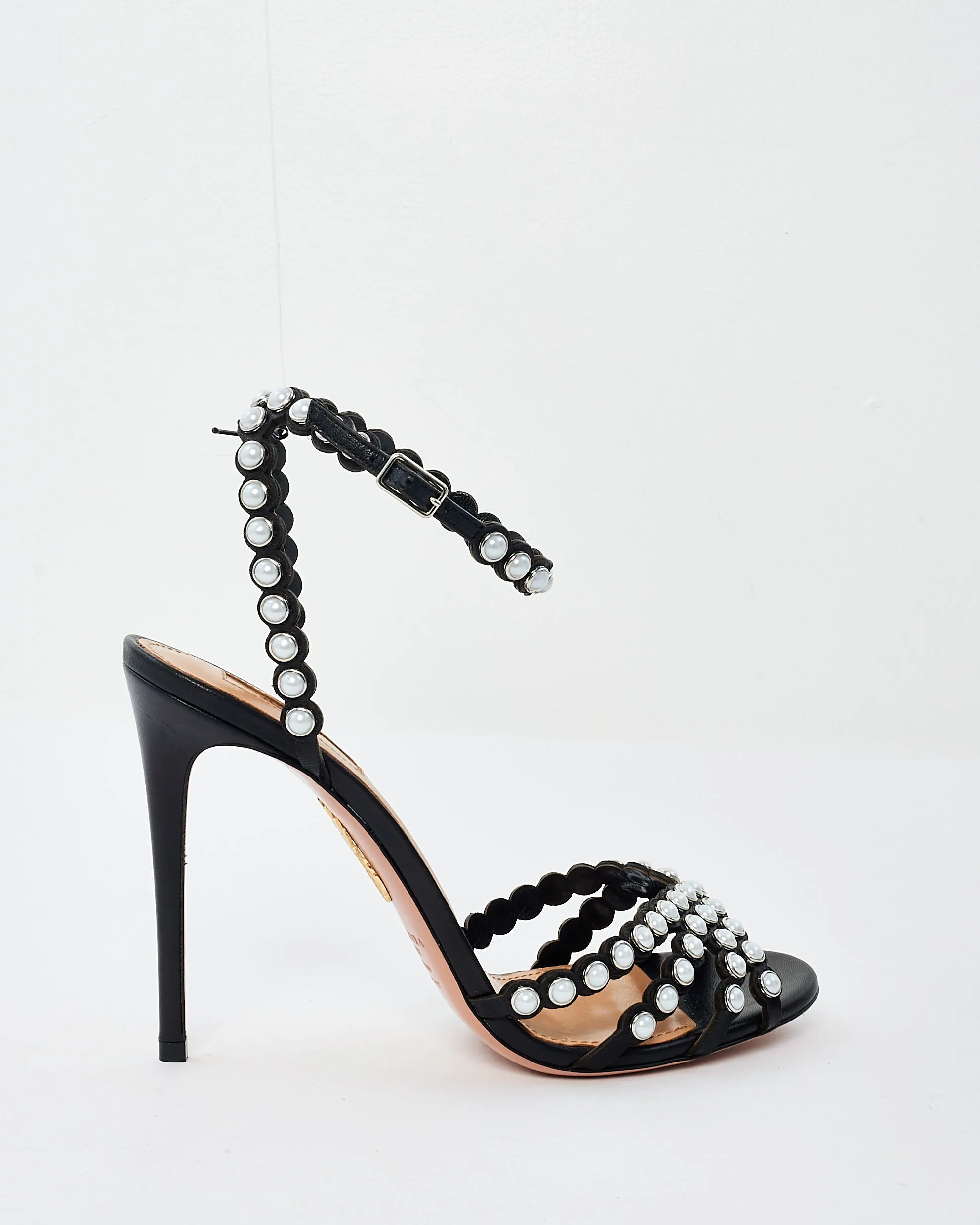 Aquazzura Black Leather Pearl Embellished Stiletto Heel Sandals - 39.5