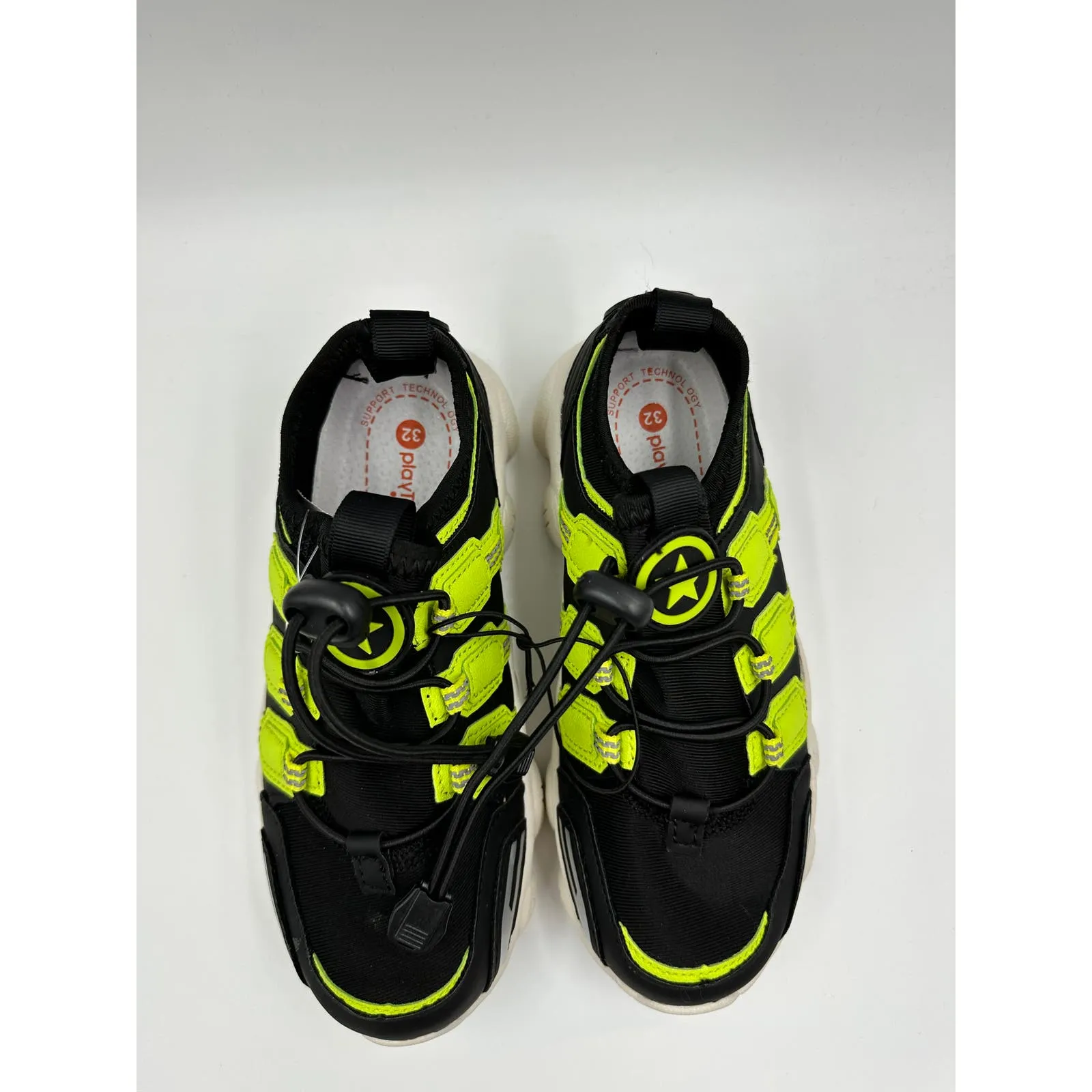 Big Kid Size 1, Black Slip-on Sneakers w/ Elastic Cinch Laces & Neon Accents