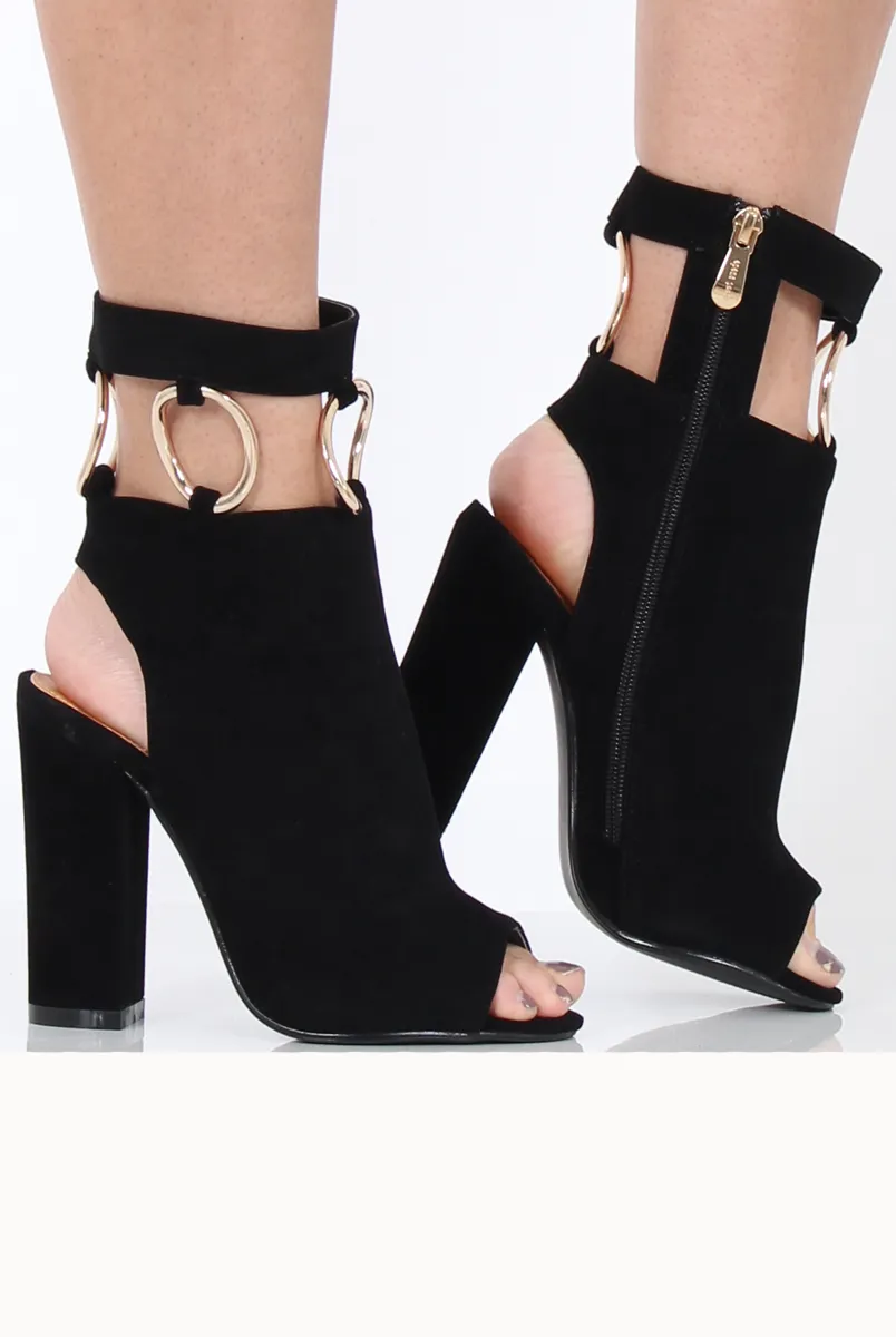 Black Cut Out Block Heel Boots - London