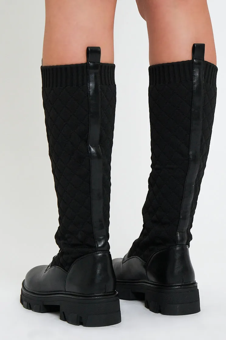 Black Lace Up PU Leather and Quilted High Boots - Salva