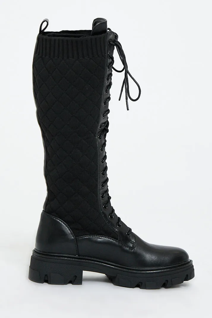 Black Lace Up PU Leather and Quilted High Boots - Salva