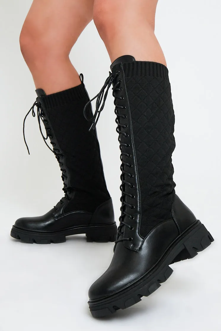 Black Lace Up PU Leather and Quilted High Boots - Salva