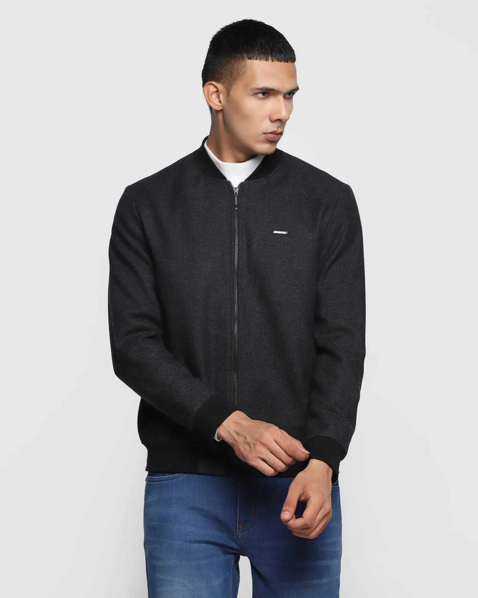 Bomber Charcoal Textured Zipper Jacket - Anson