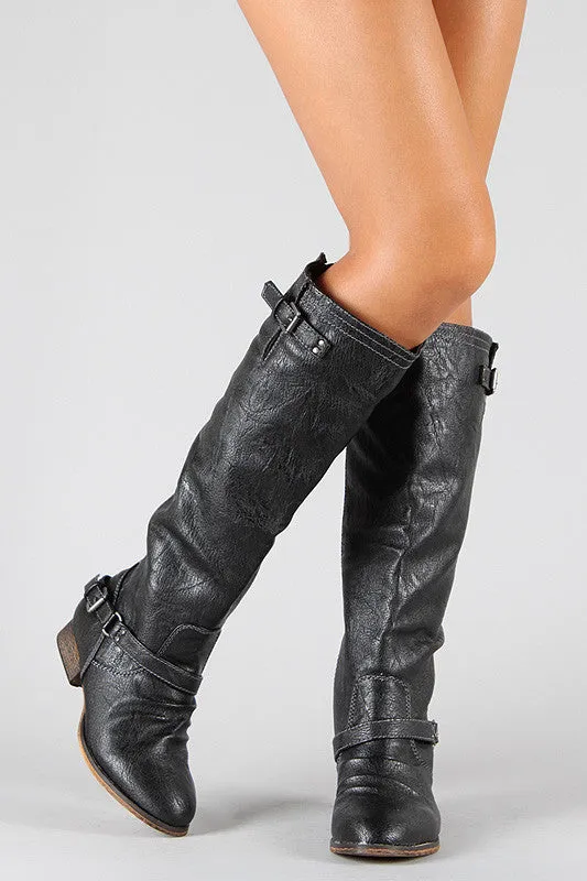 Breckelle Double Buckle Contrast Zipper Riding Knee High Boots