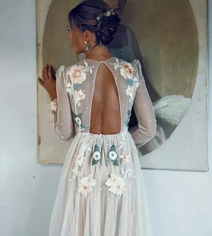 Embroidery A-line Chic Open Back Long Sleeve Sparkly Prom Dress  PSK001