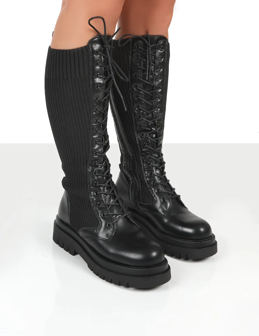 Joslyn Black Knee High Chunky Lace Up Boots