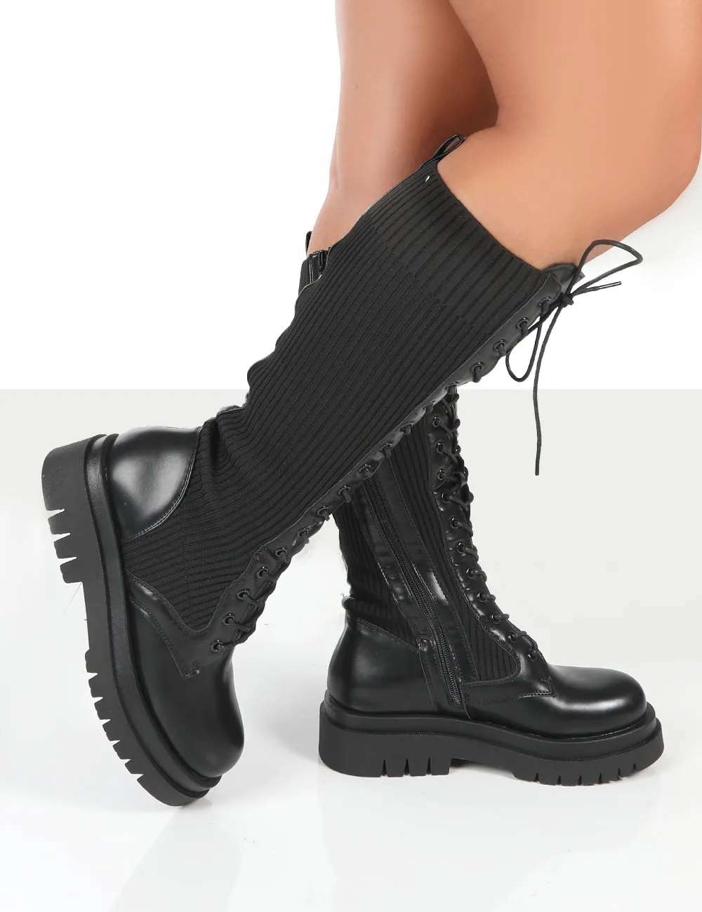 Joslyn Black Knee High Chunky Lace Up Boots