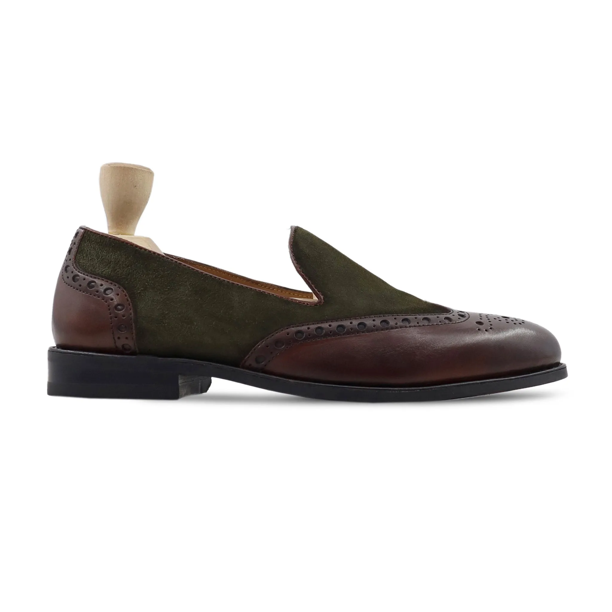 Kazan - Men's Brown Calf Leather and Olive Green Kid Suede Loafer