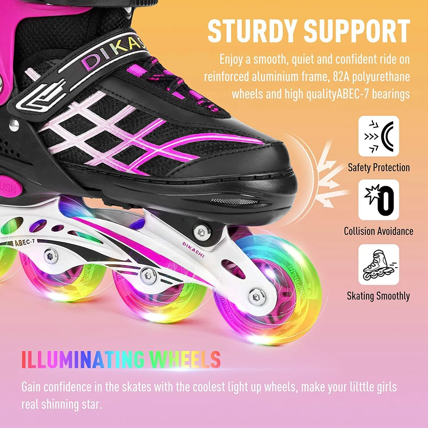 Kids Adjustable Inline Skates with Light Up Wheels Size27-32 Pink