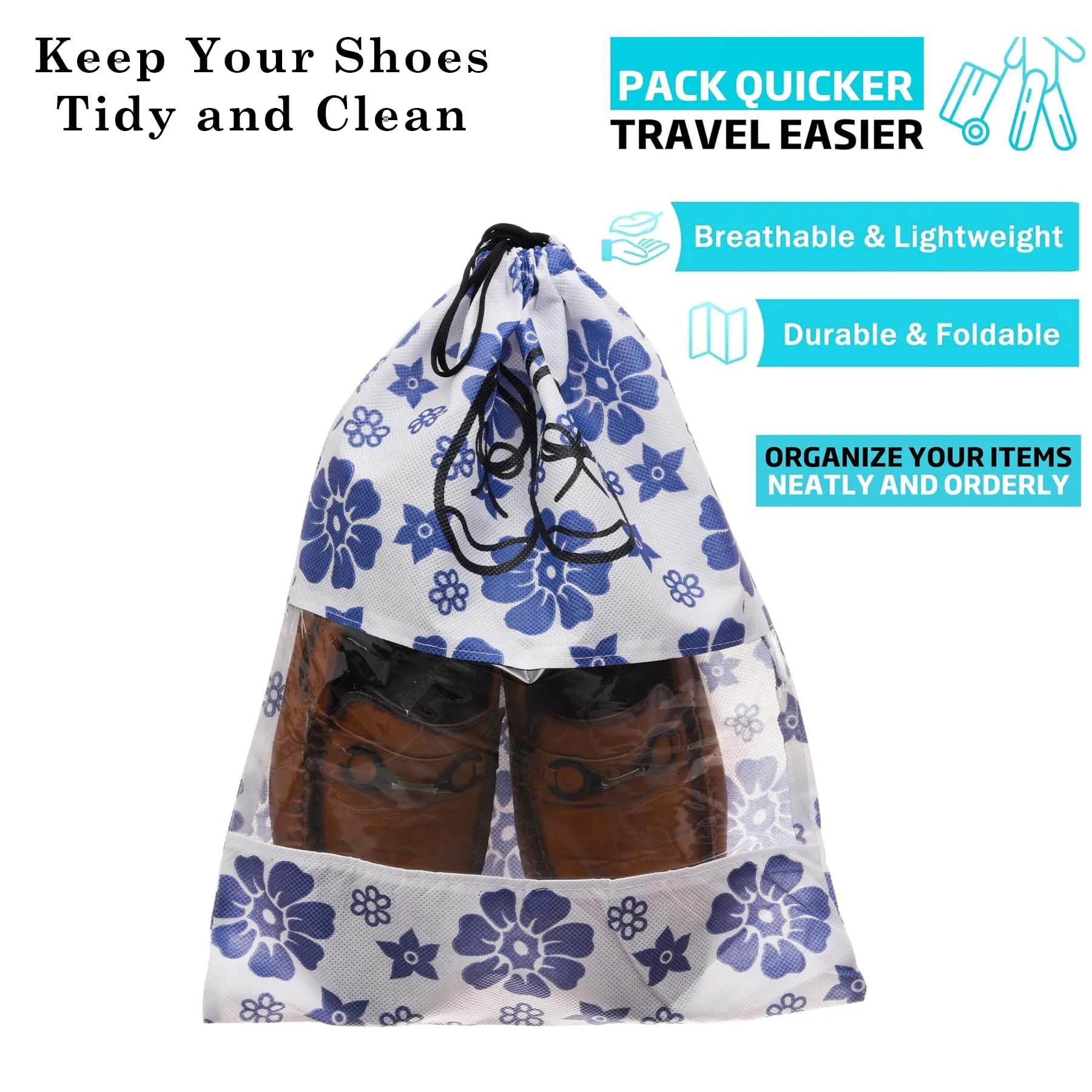 Kuber Industries Shoe Cover | Travel Shoe Storage Bags | Non-Woven Storage Bags | Shoe Cover with Drawstring | Shoe Organizer with Clear Window | Blue Flower-Design | Pack of 24 | White