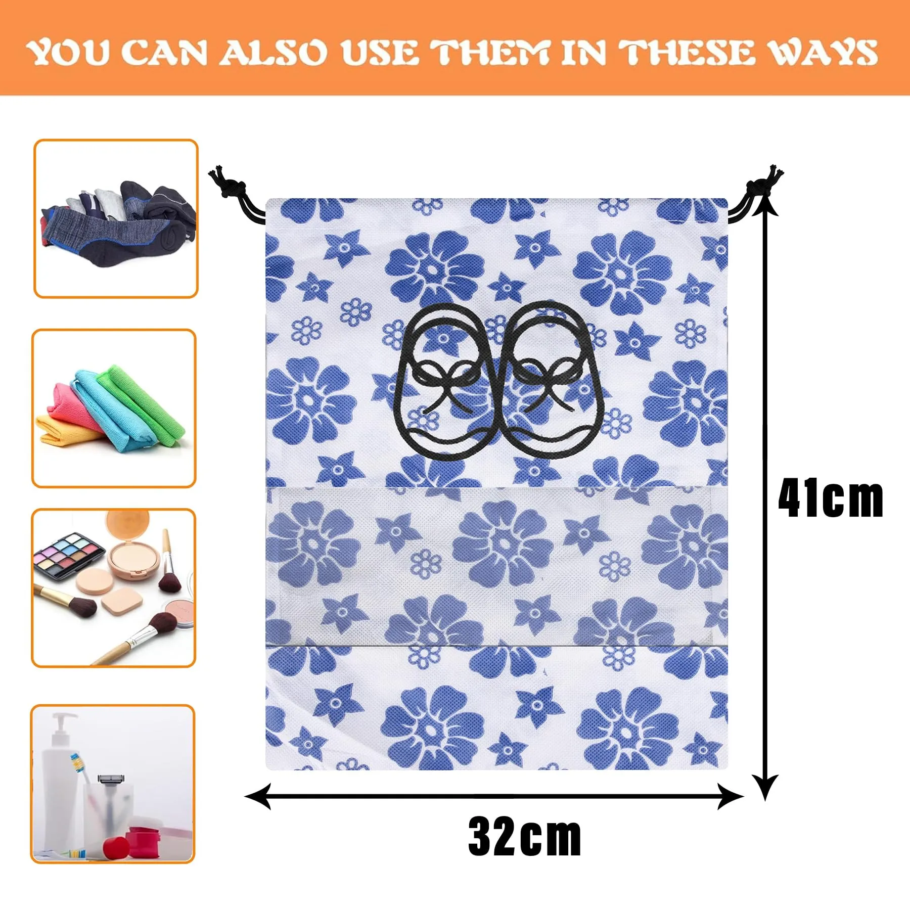 Kuber Industries Shoe Cover | Travel Shoe Storage Bags | Non-Woven Storage Bags | Shoe Cover with Drawstring | Shoe Organizer with Clear Window | Blue Flower-Design | Pack of 24 | White