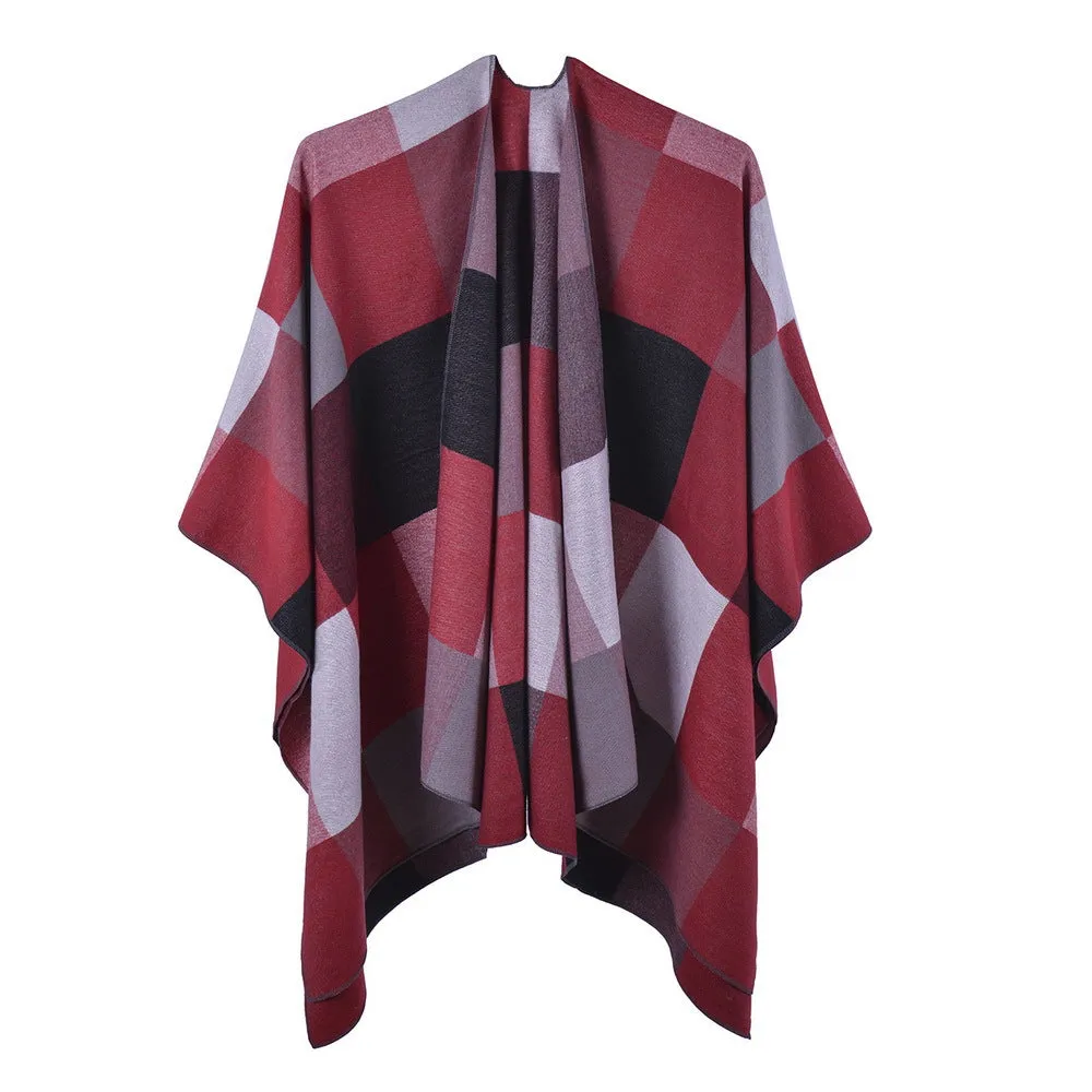 Large Plaid Shawl Women's Autumn and Winter Multi functional Double Sided Cashmere Split Scarf Cape