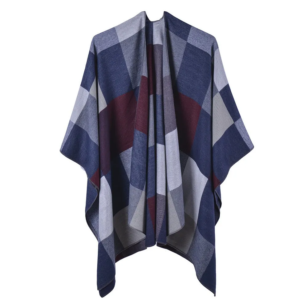 Large Plaid Shawl Women's Autumn and Winter Multi functional Double Sided Cashmere Split Scarf Cape