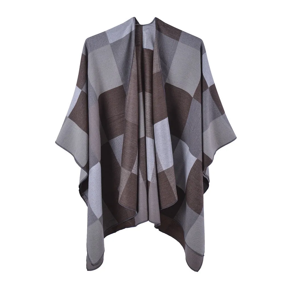 Large Plaid Shawl Women's Autumn and Winter Multi functional Double Sided Cashmere Split Scarf Cape