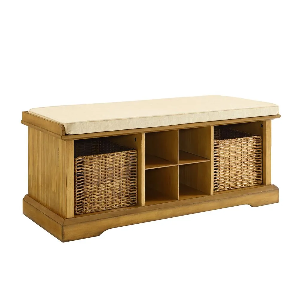 Marseille | Storage Upholstered Bench Natural/Tan - Bench, 2 Wicker Baskets