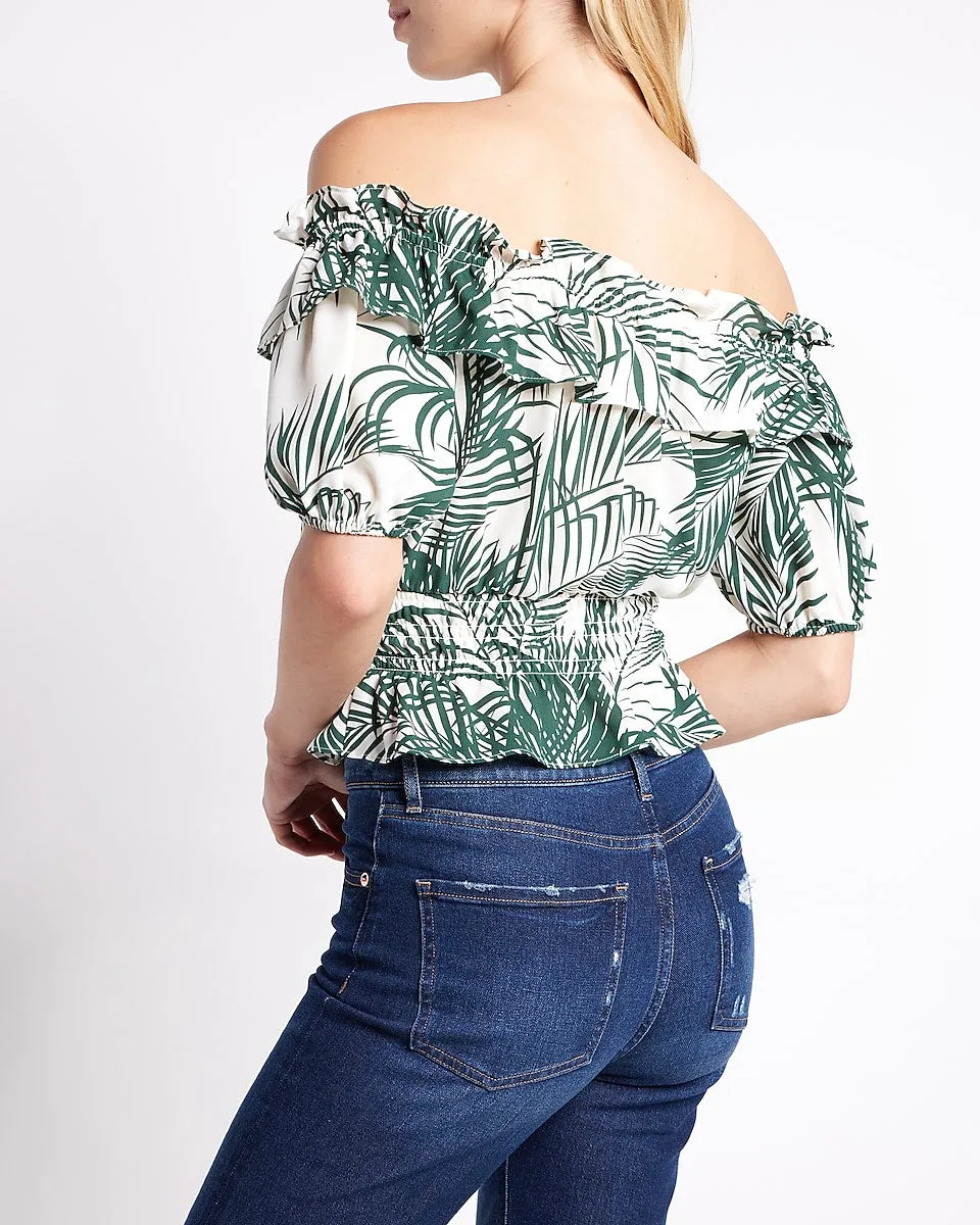 Palm Print Off The Shoulder Ruffle Smocked Top in Neutral Print