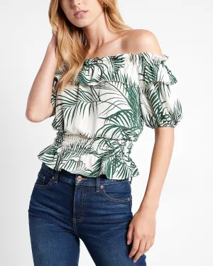 Palm Print Off The Shoulder Ruffle Smocked Top in Neutral Print