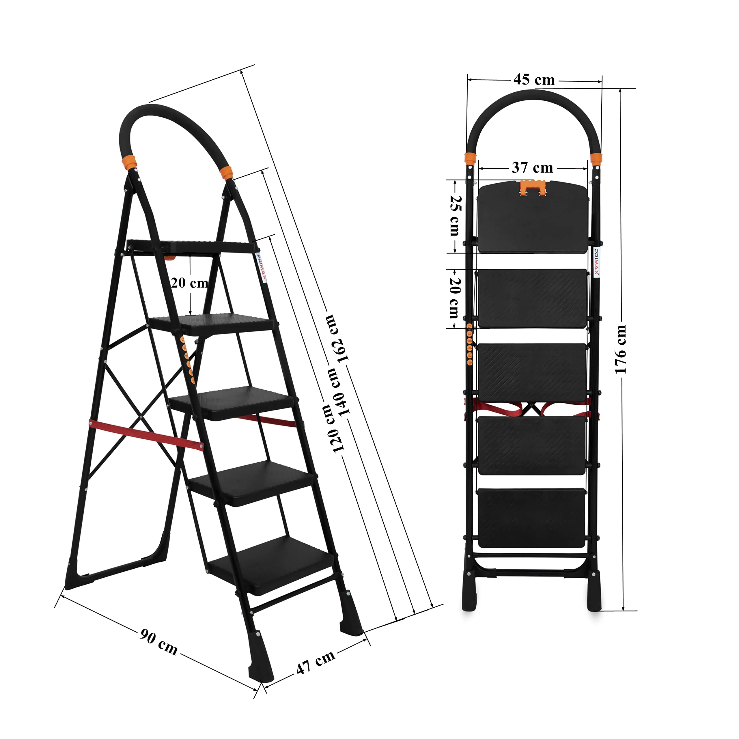 Primax 5-Step Foldable Ladder with Safety-Clutch Lock and Ribbed Steps/Step Ladder/GI Steel Ladder for Home(Primo-Black&Orange)