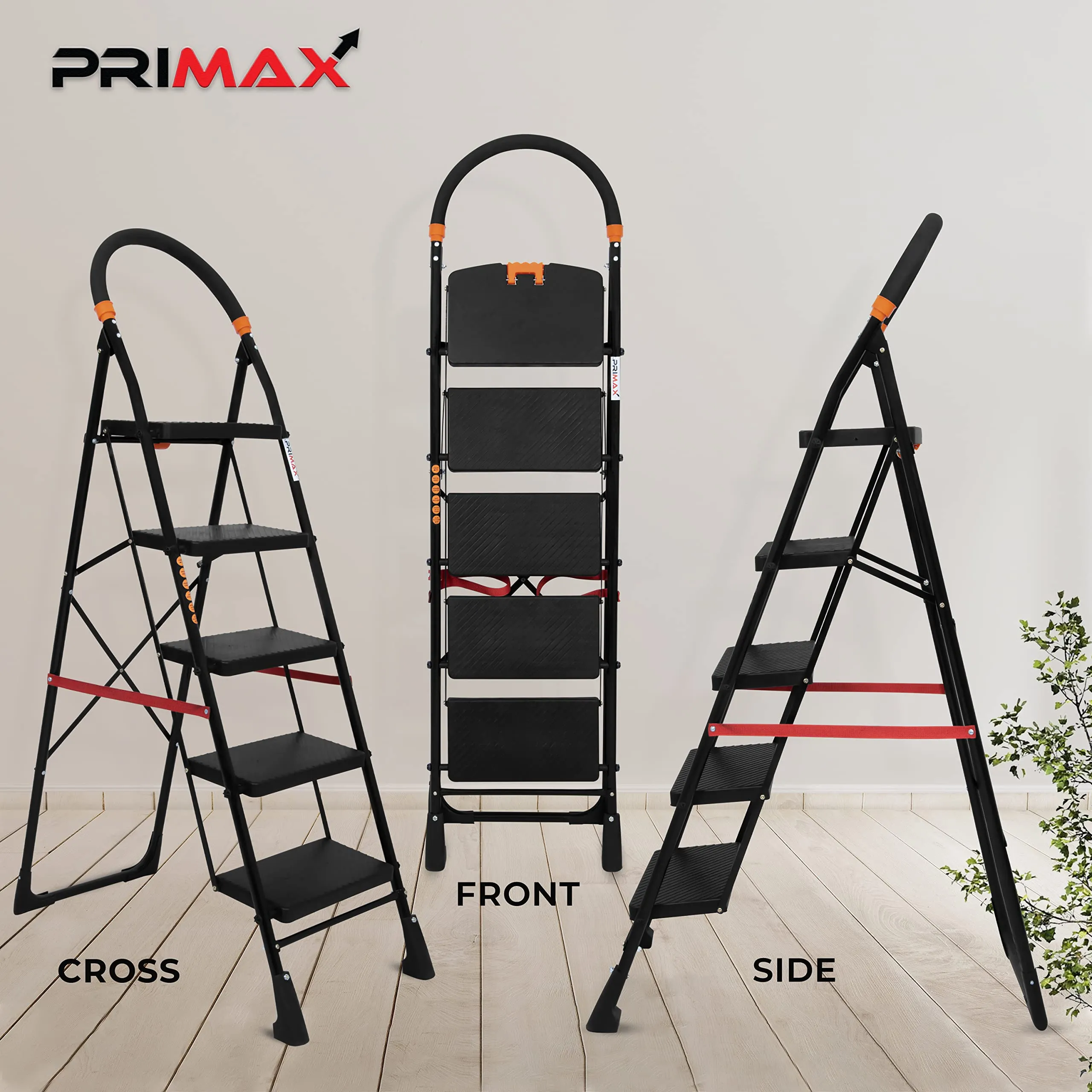 Primax 5-Step Foldable Ladder with Safety-Clutch Lock and Ribbed Steps/Step Ladder/GI Steel Ladder for Home(Primo-Black&Orange)