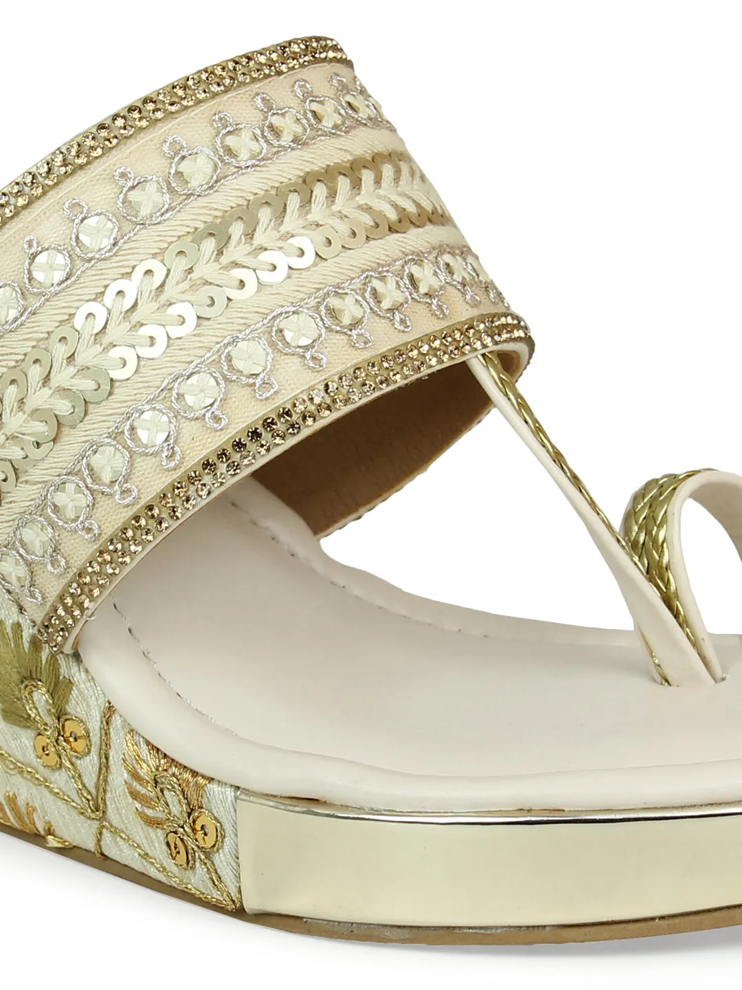 Women Beige Embellished Ethnic Wedge Sandals