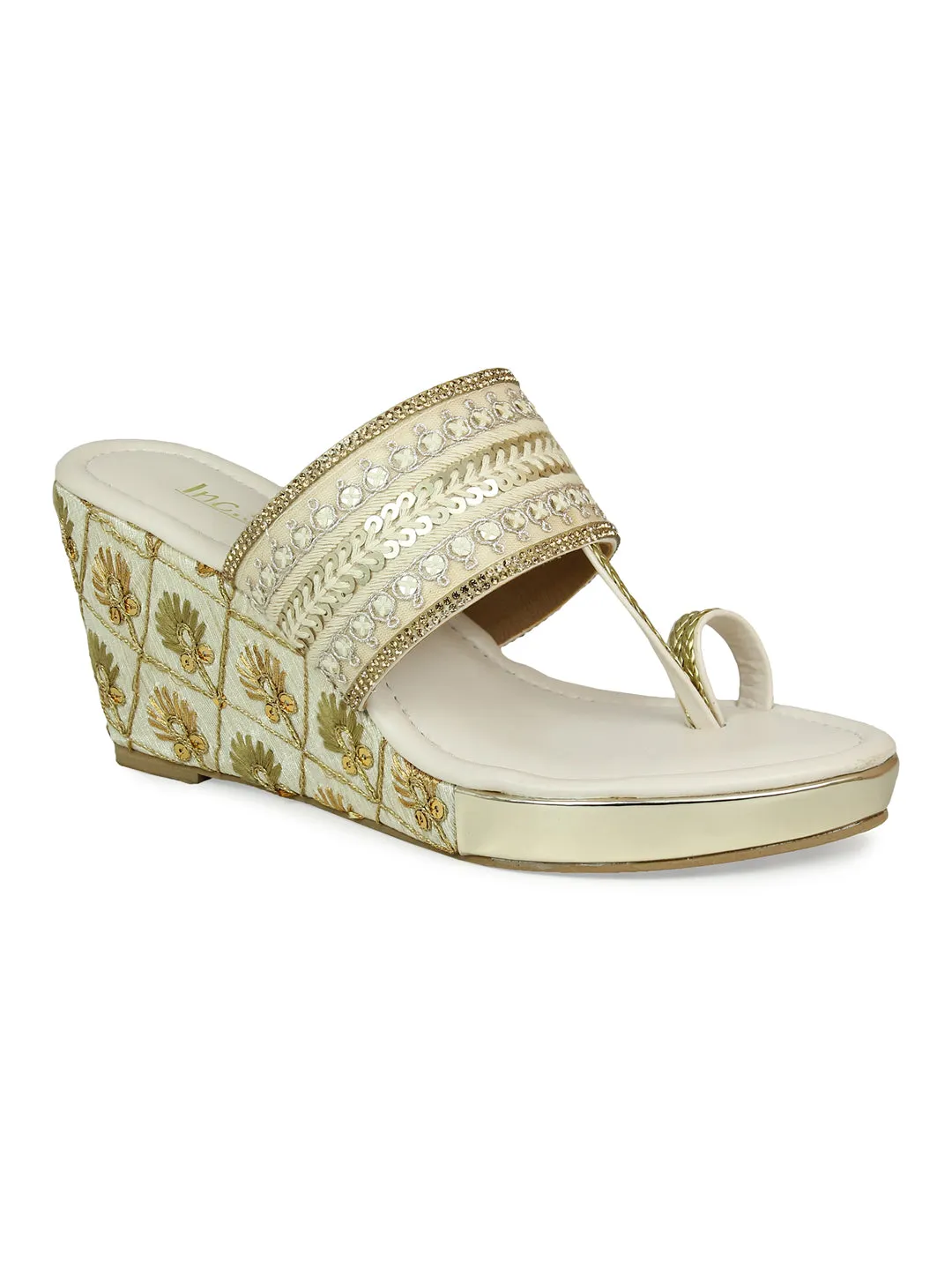 Women Beige Embellished Ethnic Wedge Sandals