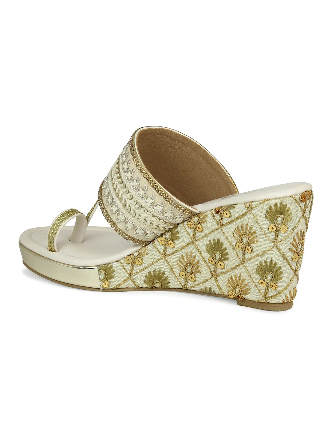 Women Beige Embellished Ethnic Wedge Sandals