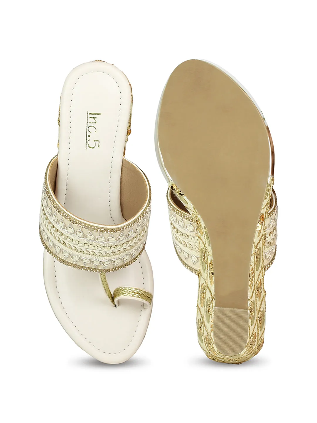 Women Beige Embellished Ethnic Wedge Sandals