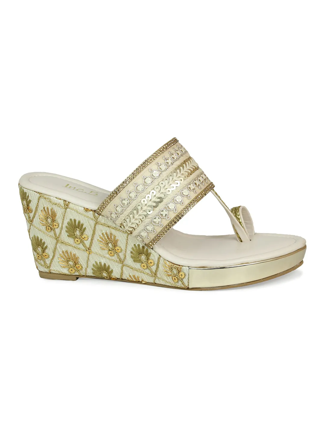 Women Beige Embellished Ethnic Wedge Sandals