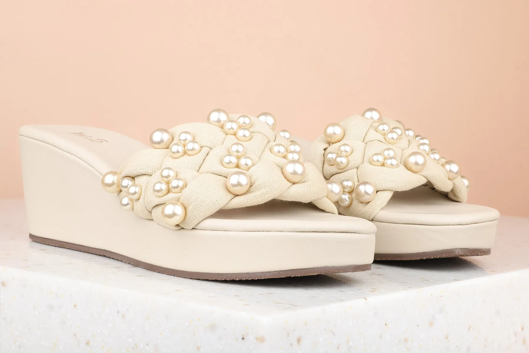 Women Beige Embellished Wedge Sandals