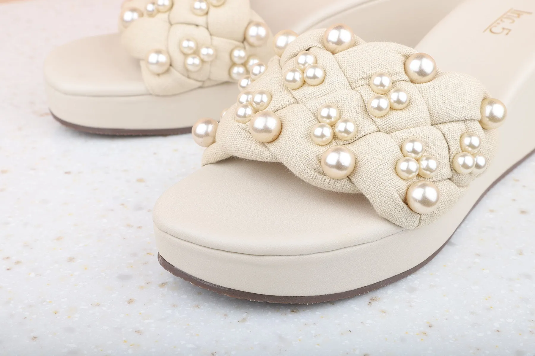 Women Beige Embellished Wedge Sandals