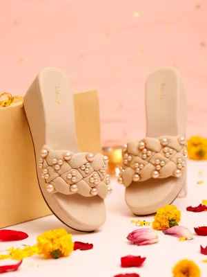 Women Beige Embellished Wedge Sandals