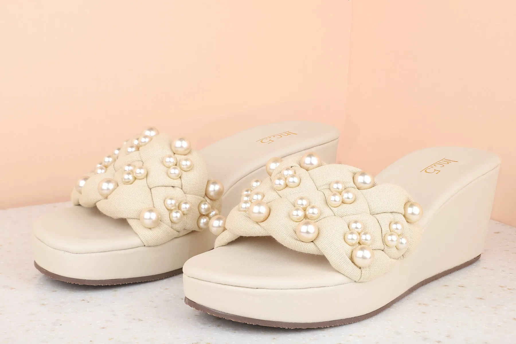 Women Beige Embellished Wedge Sandals