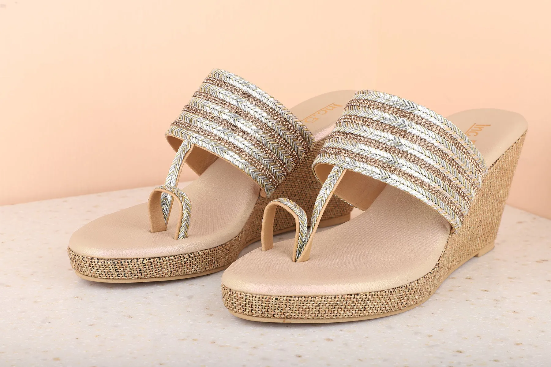 Women Beige Embellished Wedges