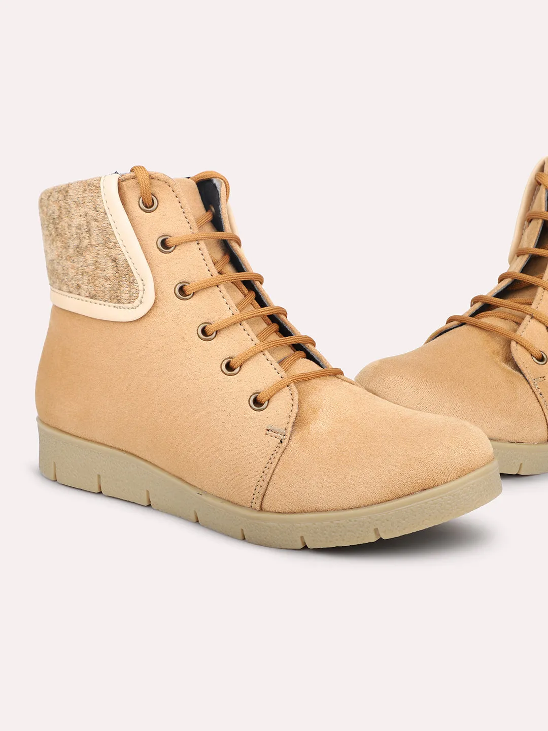 Women Beige Mid Top Flat Boots