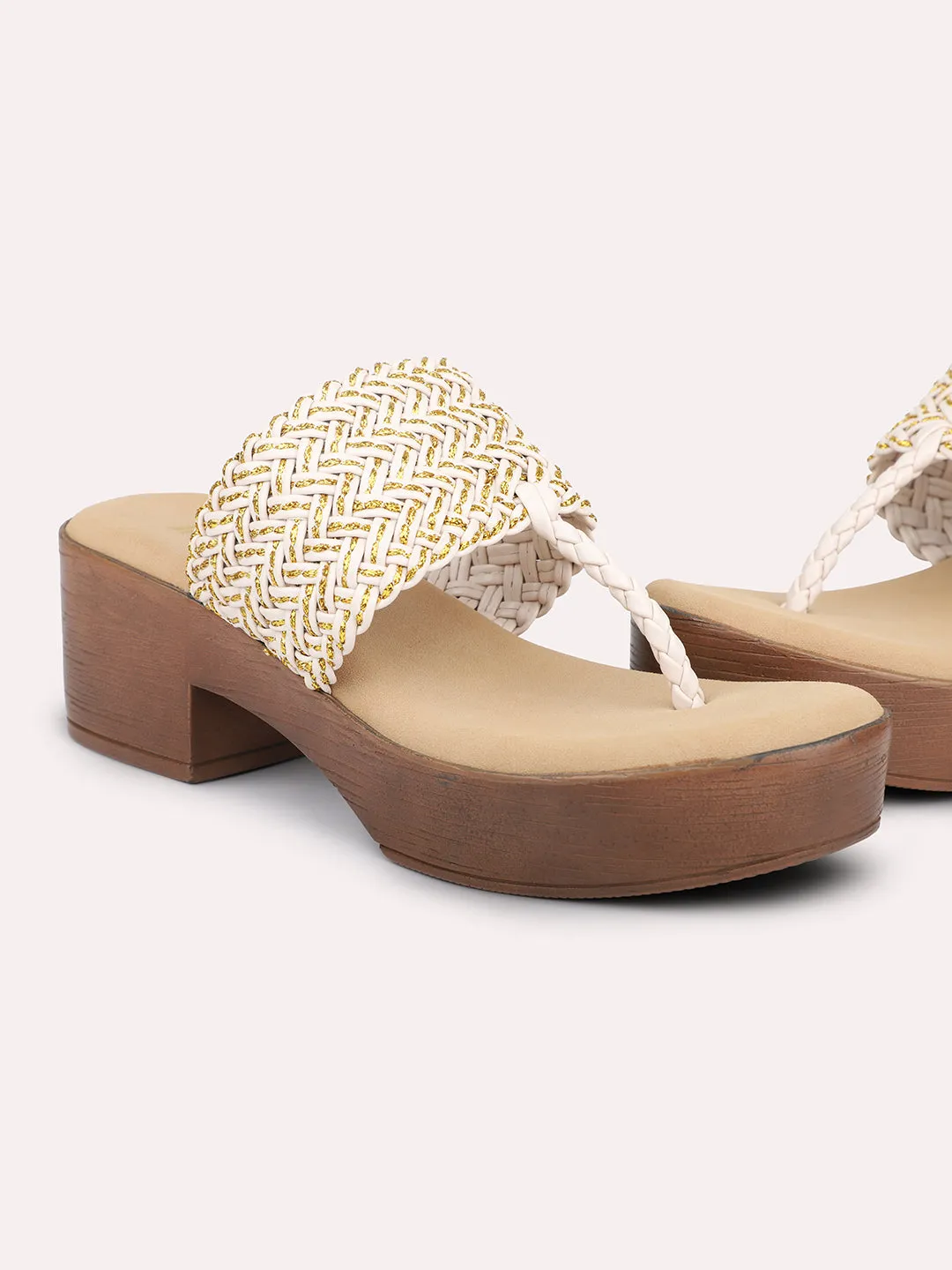 Women Beige Textured Open Toe Platform Heels