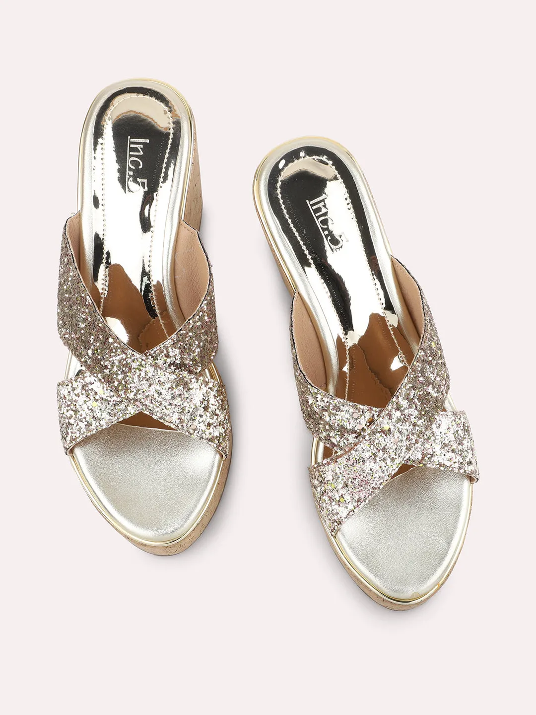 Women Gold Embellished Party Wedge Heel