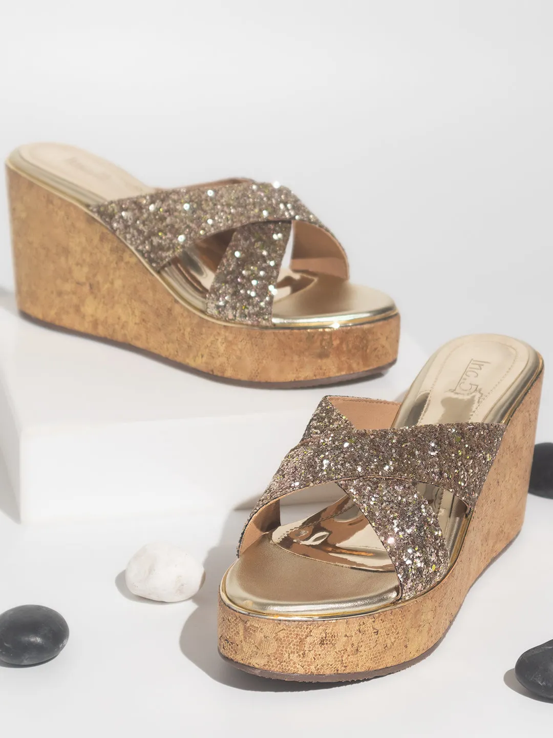 Women Gold Embellished Party Wedge Heel