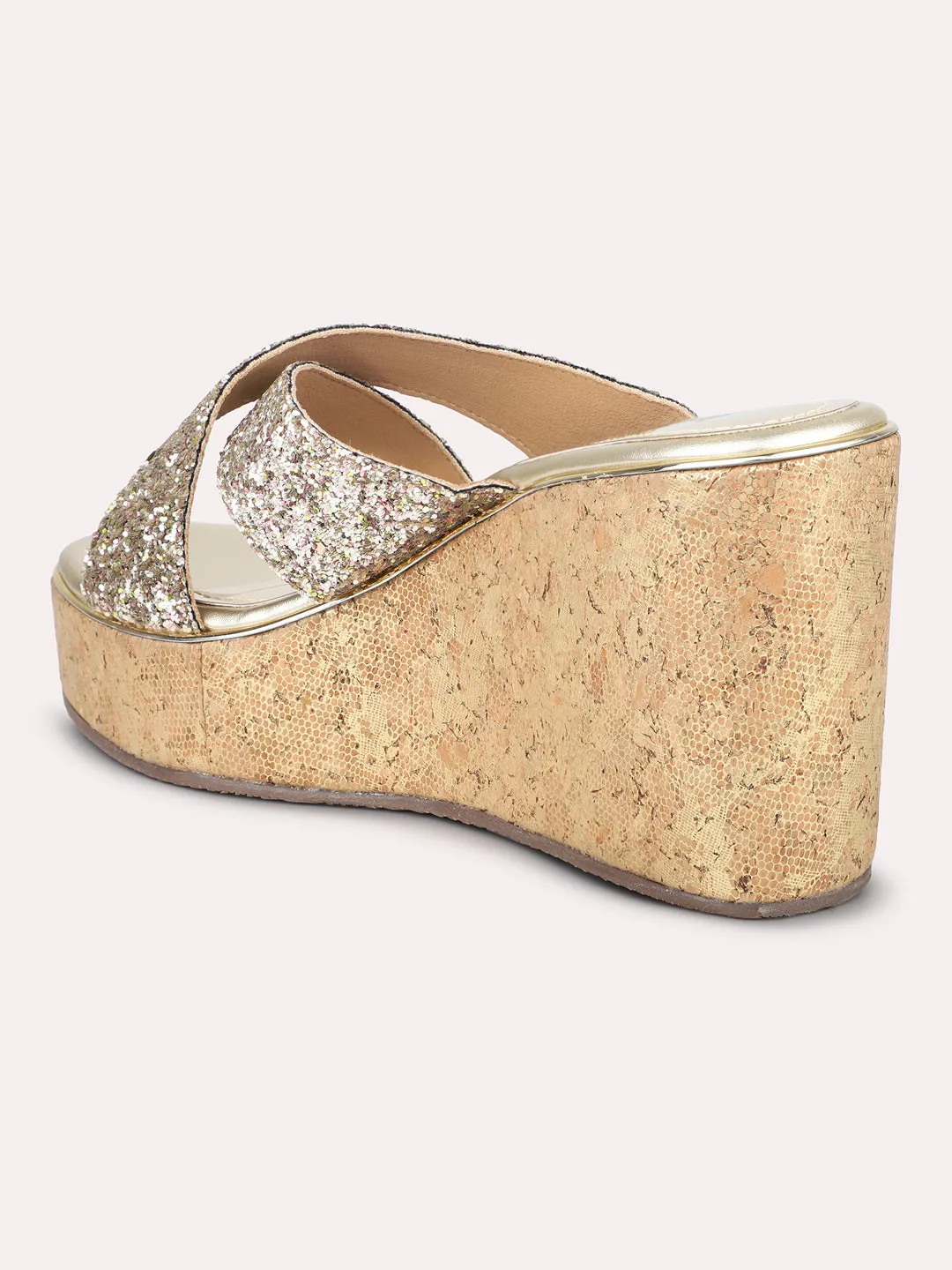 Women Gold Embellished Party Wedge Heel