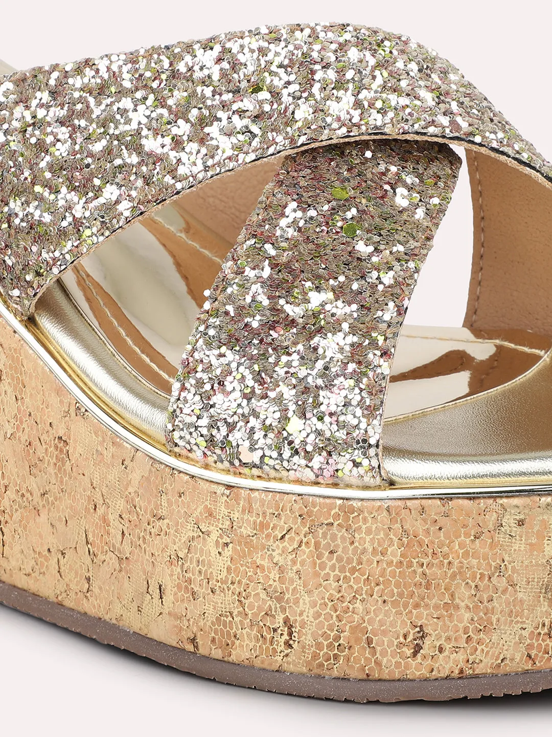 Women Gold Embellished Party Wedge Heel