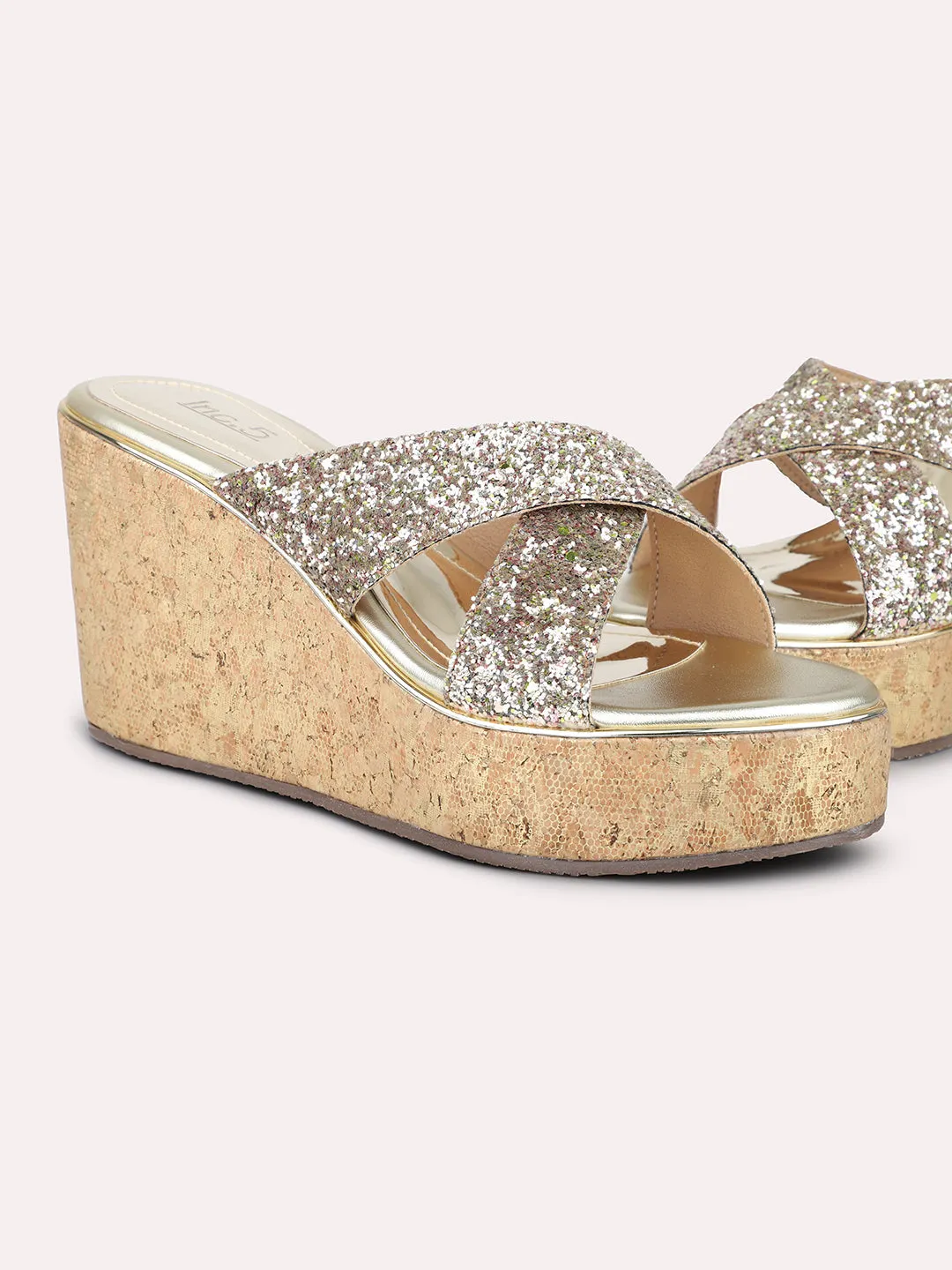 Women Gold Embellished Party Wedge Heel