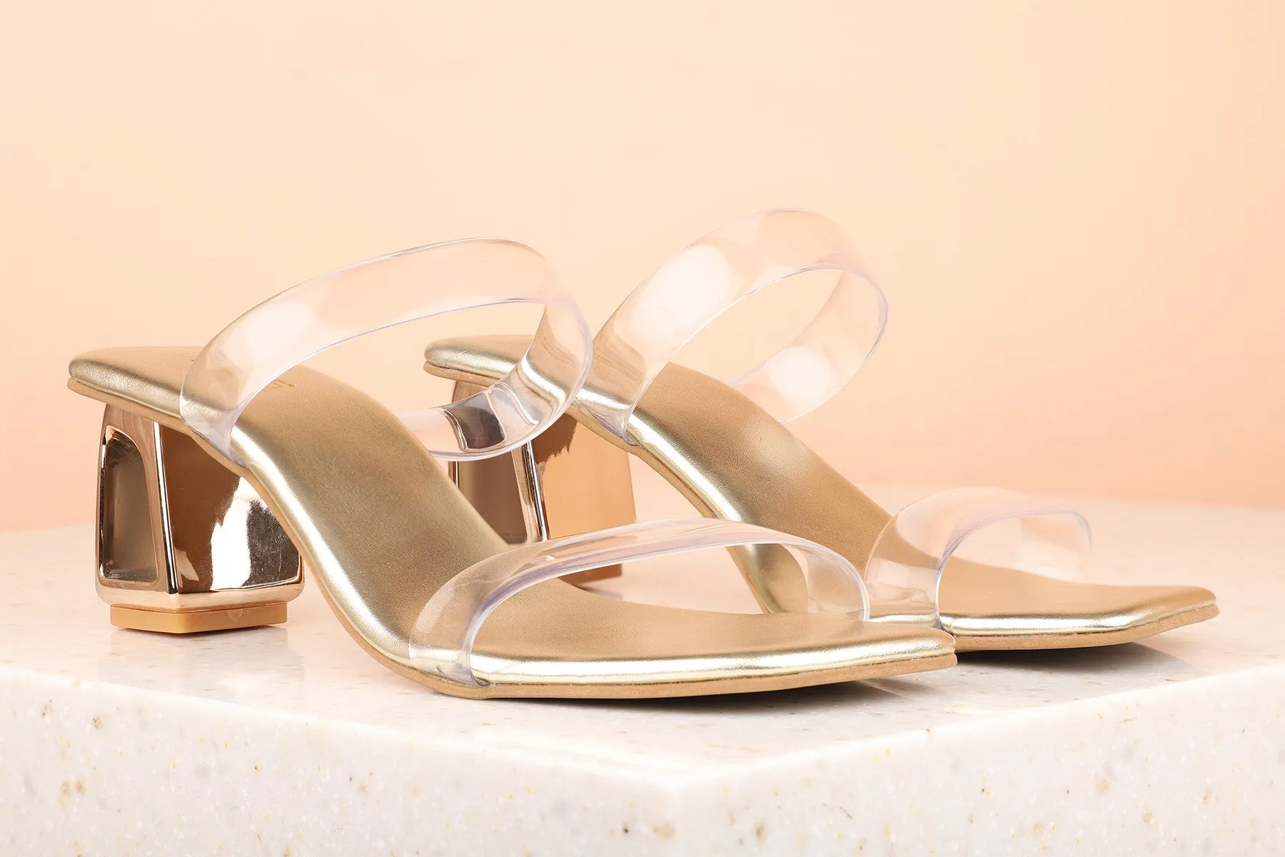 Women Gold Transparent Block Heel Sandals