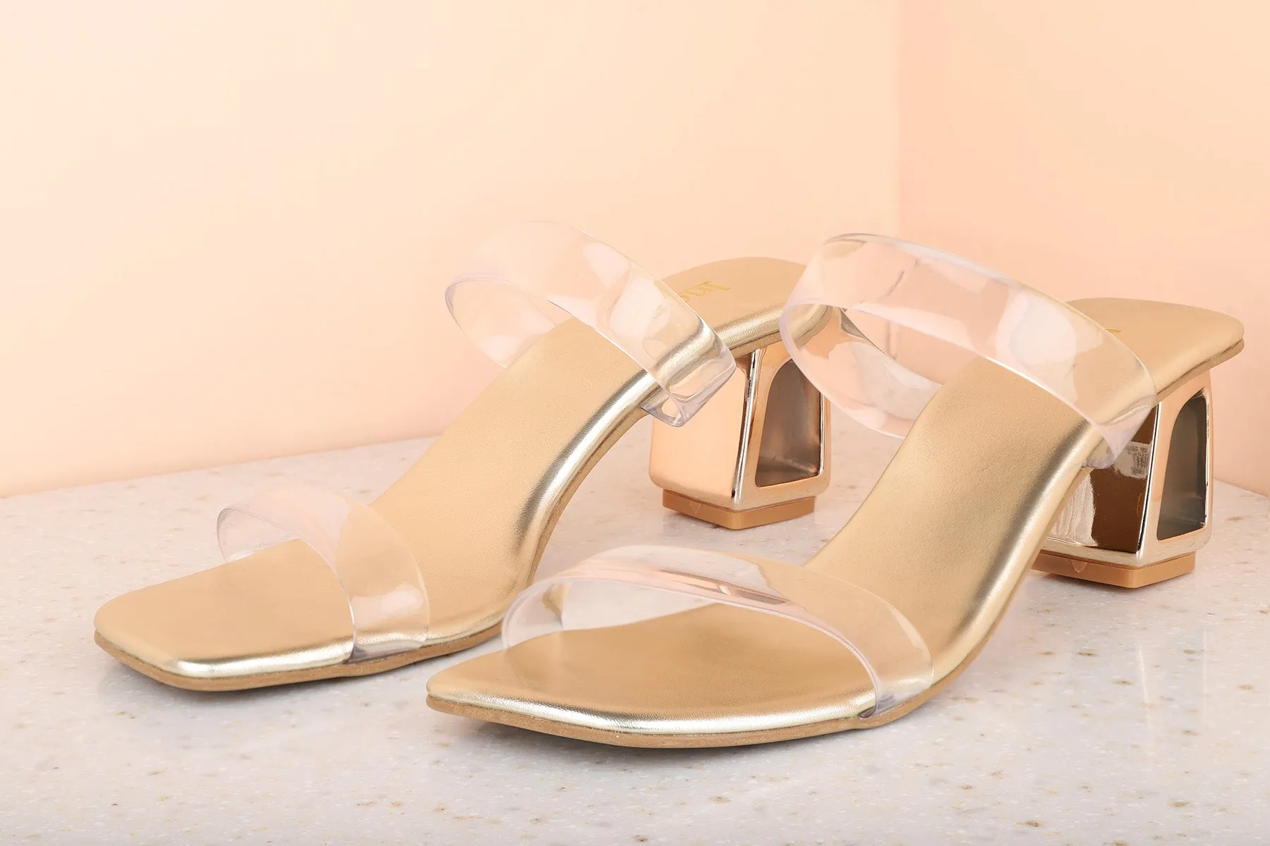 Women Gold Transparent Block Heel Sandals